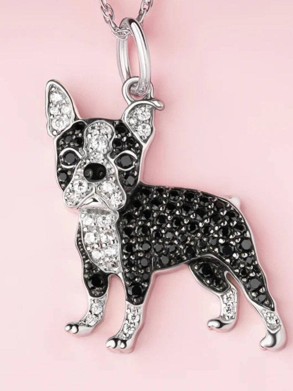 Boston Terrier Dog Breed Sterling Silver CZ Sparkle Pendant Necklace NEW